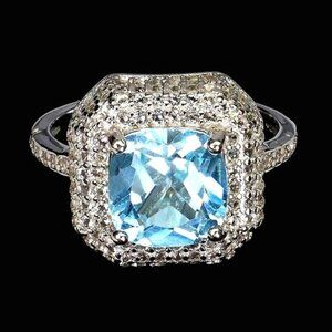 Natural‎ Sky Blue Topaz 8mm & White Topaz 925 Sterling Silver Ring Size 6.75